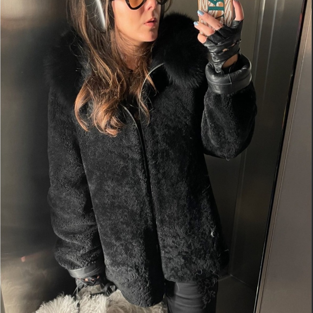 Genuine Shearling Fox Fur-Trimmed Hooded Coat